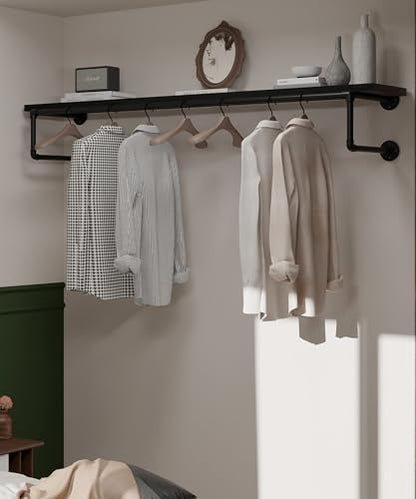 Clothes Rack 60in, Wall Mounted Garment Racks with Black Solid Wood Shelf, Heavy Duty Hanging Clothes Rack, Multi-Purpose Hanging Rod, Space-Saving Closet Storage - color: Black, size: 1T60IN
