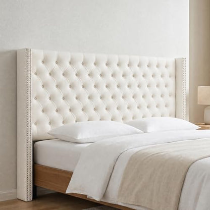 Madison Park King Wingback Upholstered Tufted Headboard, Featuring High-Density Sponge Padding, Adjustable Height Headboard, Easy Assembly, Beige Velvet - color: Beige Velvet, size: King