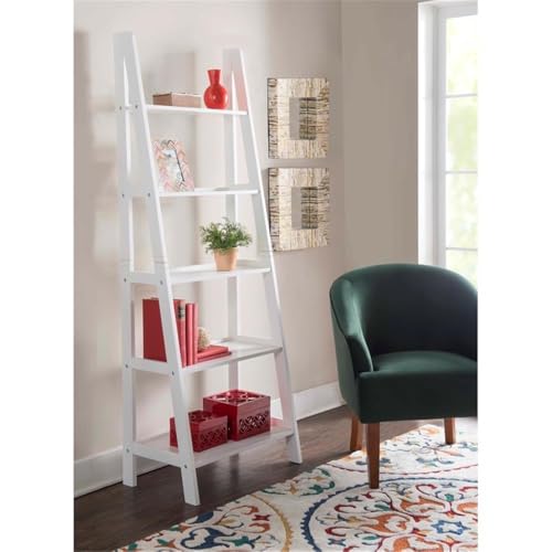 Riverbay Furniture 5-Shelf Wood Ladder Bookshelf, Open Back Design, White Finish, 72" H x 25.25" W x 16.5" D, Rubberwood and Particleboard, Transitional Style for Home Office or Living Room Storage - color: White