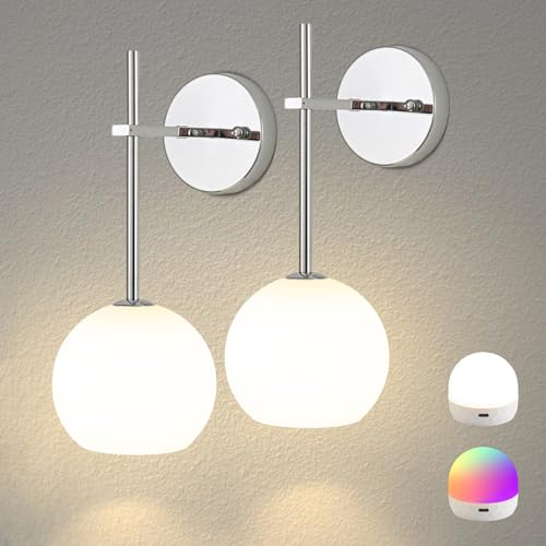 Chrome Battery Operated Wall Sconces Set of 2, Rechargeable Wireless Wall Lights with Milky White Frosted Glass, 12 RGB and 3CCT Dimmable, Wall Lamps with Remote for Bedroom Living Room Hallway - color: Chrome