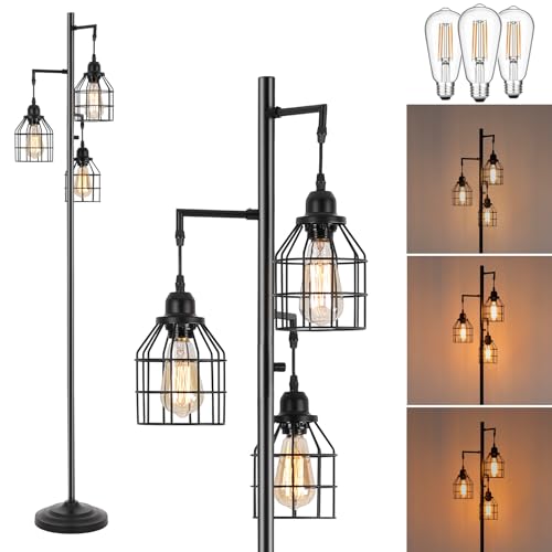 9MMML Floor Lamp for Living Room, Farmhouse Industrial Dimmable Floor lamp,3 Lights Metal Cage Tree Standing Lamp,68", 3Pcs Led Bulbs Included - color: Black B