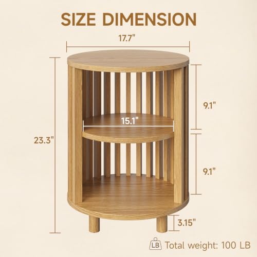23" Round End Table, Wood Bedside Table, Mid Century Modern Nightstand with Open Storage Shelf, 3 Tier Small Side Tables for Living Room, Bedroom, Curved Profile Design, Natural Oak - color: Oak, size: 23" H