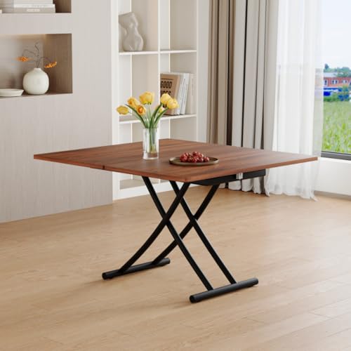 Liftable Folding Dining Table for 4, Adjustable Drop Leaf Table, Folding Coffee Table for Small Spaces, Scratch-Resistant Wood Top with Metal Frame for Apartment Kitchen Living Room - color: Walnut-black
