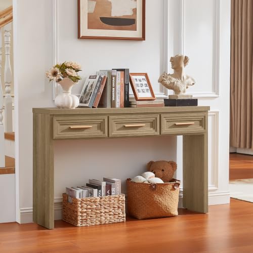 RWYHG 47" Entryway Table with 3 Drawers, Modern Wood Console Table, Oak | Layered Drawer Front Design , Open Bottom Storage, Farmhouse Behind Couch Table, Entry Table for Living Room Hallway& Foyer - color: Oak