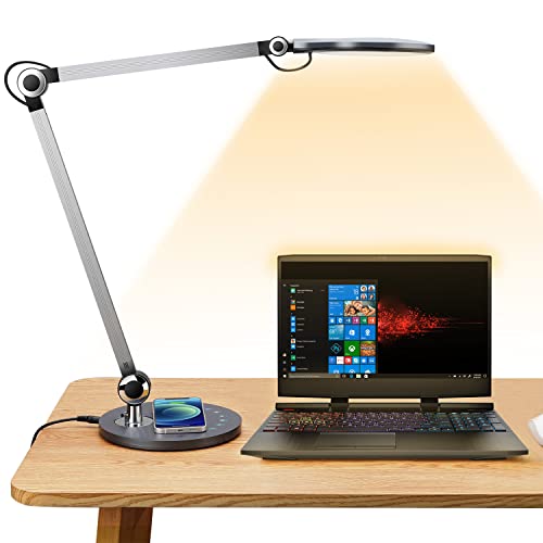 Desk Lamp,Led Architect Desk Lamp,Desk Lamps for Home Office,Table lamp with Wireless Charger & Adjustable Swing Arm,Touch Control, 3 Lighting Mode,5 Brightness,Eye-Caring Office Lamp