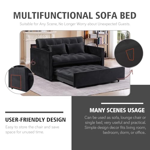 3 In 1 Velvet Convertible Sofa Bed, Pull Out Couch Bed with Reclining Backrest And 2 Pillows, 54" Full Size Loveseat Sleeper Sofa Futon Couch Beds, Couches For Small Spaces, Living Room (Black) - color: Black