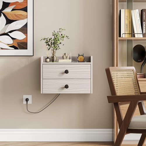 Floating Nightstand Set of 2 with 2 Storage Drawers and Charging Station | Wood Wall Mounted Bedside End Table Modern Night Stands set 2 for Bedroom,Small Space,Grey Black - color: Grey-black