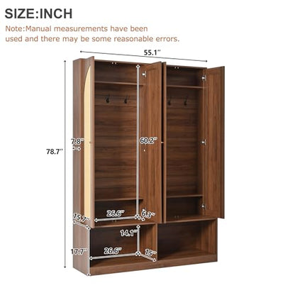 JIVOIT Bohemian Farmhouse Widen Hall Tree with 4 Rattan Doors, Versatile 4-In-1 Hall Tree, Mid-Century Entryway Shoe Cabinet with Adjustable Shelf and 6 Hooks, Seating Bench for Living Room - color: Walnut//53