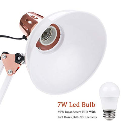 PowerKing Metal Swing Arm Desk Lamps with Base & Clamp, White Rose Gold | Adjustable Architect Lamp, On Off Switch, Fits E26 E27 Bulbs, Eye-Caring Reading Light, for Home Office Work Study - color: White Rose Gold