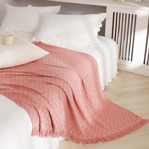 Simple&Opulence 100% Cotton Throw Blanket for Couch, Bed, Waffle Weave Knit Blanket with Tassels, Soft Lightweight Pre-Washed Breathable Comfy Blanket Farmhouse Decor for All-Season(Blush Pink) - color: B-blush Pink