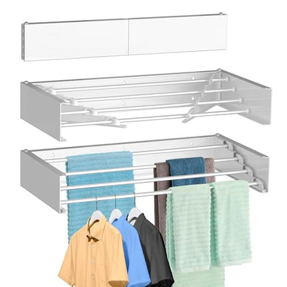 Laundry Drying Rack Wall Mounted Clothes Drying Rack White,23.6" | Collapsible Drying Rack With 4 Aluminum Rods and Drilling Template Long Screwdriver Bit 60 lbs Capacity - color: White, size: 23.6"