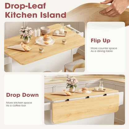 GRUSIGN Kitchen Island with Storage, 41.7" Rolling Cart with Drop Leaf, Portable Island Table on Wheels, Spice Rack, Towel Rack and Drawer, White, 41.7" L x 29.5" W