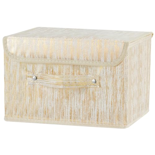 Storage Boxes with Lids Luxury Metallic Fabric Bins Baskets | Decorative Collapsible Stackable, Clothes Container Organizer with Handles for Shelf Closet Home Bedroom Office, Gold, Small - size: Small (Set of 1)