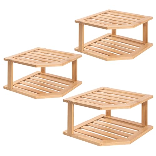 VERTORGAN 2 Tier Bamboo Corner Shelf 3 Pack Plate Organizer Kitchen | Pantry Storage,Dish Rack,Spice Rack,Corner Organizer,Kitchen Counter Shelves,Kitchen Storage,Holds Plates - color: Natural, size: 3 Pc