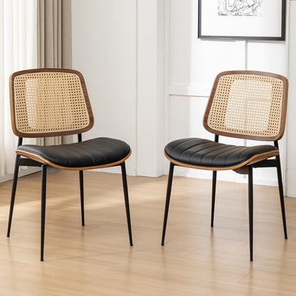 Rattan Dining Room Chairs Set of 2, Mid Century Modern Kitchen Ktichen Chairs,Faux Leather Walnut Wood Finish Side Chair, Metal Legs Desk Chair with Rattan Backrest,Black - color: Black, size: Set of 2