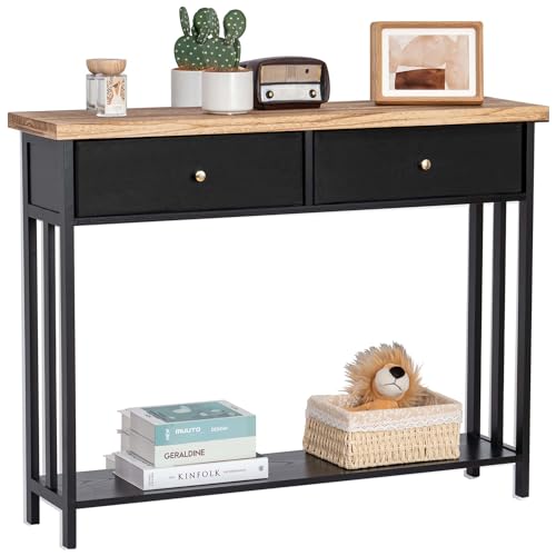 42" Solid Wood Console Table with 2 Fabric Drawers, Entryway Table with Storage Shelves, Sofa Table for Entryway, Hallway, Living Room, Kitchen or Behind Couch in Foyer, Black - color: Black