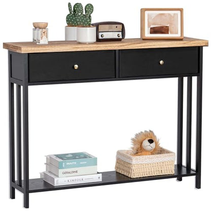 42" Solid Wood Console Table with 2 Fabric Drawers, Entryway Table with Storage Shelves, Sofa Table for Entryway, Hallway, Living Room, Kitchen or Behind Couch in Foyer, Black - color: Black