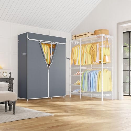 F2C Clothes Rack with Cover, White Closet with Gray Cover | Clothing Racks for Hanging Clothes, Heavy Duty Garment Rack with Shelves, 47.2"W x 16.5"D x 78.3"H, Load 630lbs - color: White Closet with Gray Cover