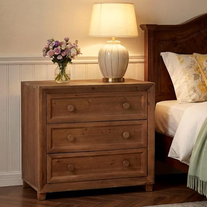 Solid Wood Nightstand with 3 Drawers, 31.5” Wide Bedside Table with Round Wooden Knobs & Low-Profile Legs for Stability, Mid-Century Modern Night Table for Bedroom, Easy Assembly
