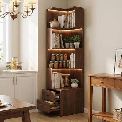 4 Tier Corner Bookshelf with Drawers, L Shaped Freestanding Corner Bookcase with LED Lights and Baffle, Space Saving Display Shelf for Living Room, Bedroom, Home Office, Kitchen(Walnut) - style: Walnut-with drawers