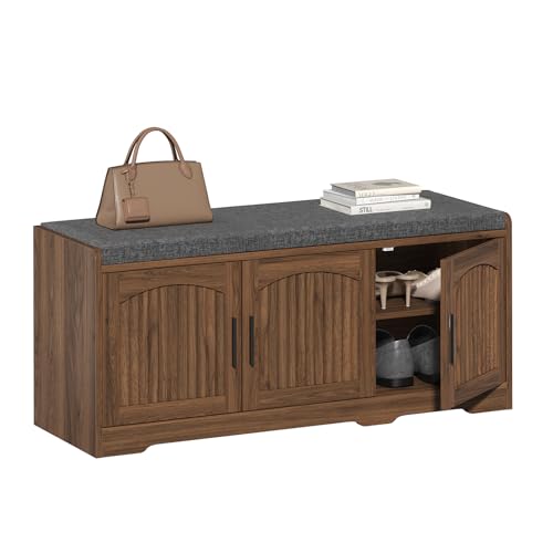39.4" Shoe Storage Bench with Seating Cushion, Fluted 2-Tier Entryway Bench with 3 Doors & Adjustable Shelves, Shoe Cabinet Bench for Entryway, Hallway, Bedroom and Living Room - color: Walnut