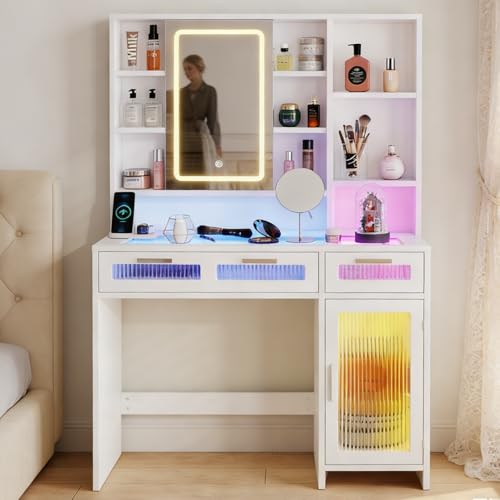Hadulcet White Vanity Desk with Mirror and Lights, Makeup Vanity with Power Outlet & 10 Shelves, RGB LED Vanity with Drawers, 3 Modes Adjustable Brightness - color: White, size: 15.8"D x 42.9"W x 57.1"H