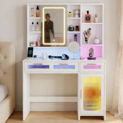 Hadulcet White Vanity Desk with Mirror and Lights, Makeup Vanity with Power Outlet & 10 Shelves, RGB LED Vanity with Drawers, 3 Modes Adjustable Brightness - color: White, size: 15.8"D x 42.9"W x 57.1"H