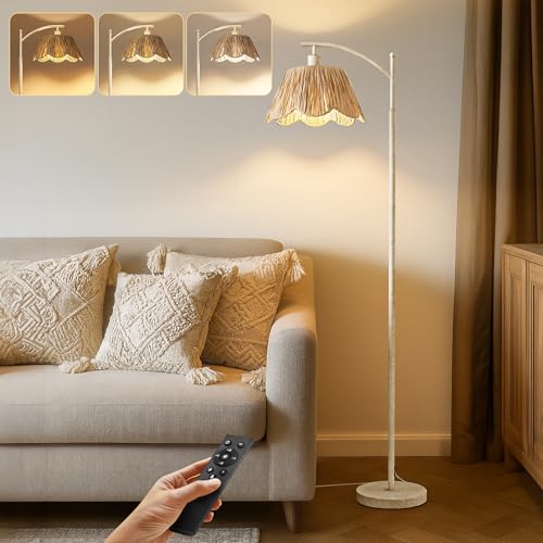 Rattan Floor Lamp for Living Room with 3 Color Temperatures, Boho Floor Lamp for Bedroom with Remote & Dimmable Bulb, Farmhouse Standing Lamp for Reading, Antique White - color: White