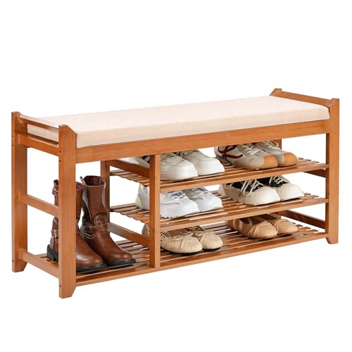 PETKABOO Shoe Rack Bench with Cushion 39.4“, Shoe Rack for Front Door Entrance, Shoe Bench with Storage for Entryway Hallway Bedroom Living Room - color: Brown, style: 39 in