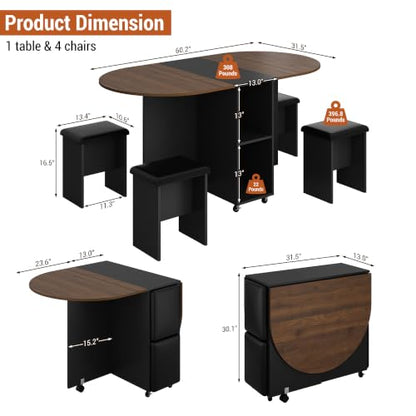 5 PCS Farmhouse Dining Table Set for 4,60" Large Round Folding Dining Table Set w/ 4 Leather Chairs, Drop Leaf Oval Modern Kitchen Table for Small Spaces,6 Wheels,2-Layer Storage Shelf,Walnut - color: Walnut