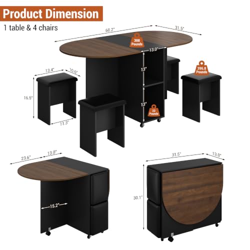 5 PCS Farmhouse Dining Table Set for 4,60" Large Round Folding Dining Table Set w/ 4 Leather Chairs, Drop Leaf Oval Modern Kitchen Table for Small Spaces,6 Wheels,2-Layer Storage Shelf,Walnut - color: Walnut