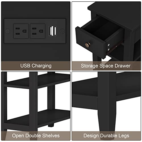 ChooChoo Narrow End Table with Charging Station and Hidden Drawer | Side Table Living Room, USB Ports, Hidden Drawer, 3-Tier Skinny Nightstand, 2 Open Storage Shelves, Small Place, Black - color: Black