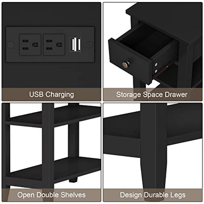 ChooChoo Narrow End Table with Charging Station and Hidden Drawer | Side Table Living Room, USB Ports, Hidden Drawer, 3-Tier Skinny Nightstand, 2 Open Storage Shelves, Small Place, Black - color: Black
