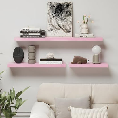 SAUMONIERES Floating Wall Shelves for Bedroom Bathroom Wall Mounted Solid Wood Shelf 24 Inch Set of 3, Pink Floating Shelves - color: Pink, size: 24 Inch-3 shelves
