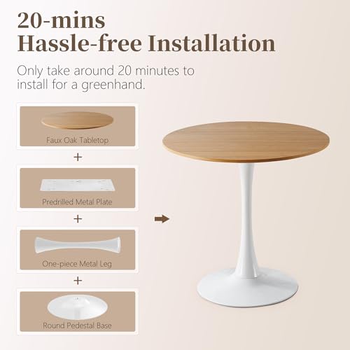 80cm 원형 식탁, 금속 받침대 베이스가 있는 중세 튤립 테이블, 좁은 공간의 주방 다이닝 룸을 위한 현대적인 레저 테이블, 쉬운 조립, 화이트 및 오크 - color: 화이트/오크, size: 31.5 Inch