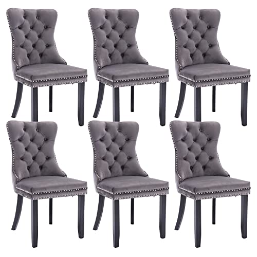 Virabit Tufted Dining Chairs Set of 6, Velvet Upholstered Dining Chairs with Nailhead Back and Ring Pull Trim, Solid Wood Dining Chairs for Kitchen/Bedroom/Dining Room (Grey) - color: Grey, size: set of 6