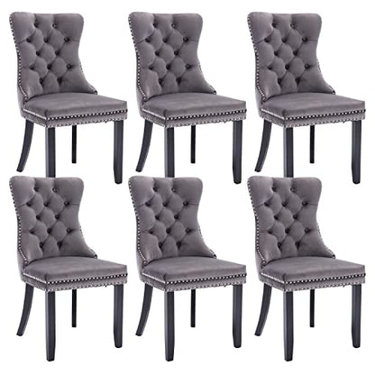 Virabit Tufted Dining Chairs Set of 6, Velvet Upholstered Dining Chairs with Nailhead Back and Ring Pull Trim, Solid Wood Dining Chairs for Kitchen/Bedroom/Dining Room (Grey) - color: Grey, size: set of 6