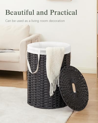 SETVSON Laundry Basket with Lid Round 29.1 Gal PE Rattan, Black | Family Clothes & Blanket Trunk with Lid, Removable Liner Bag with Handles, 2 Mesh Wash Bags, Collapsible Steel Frame - color: Black, size: 110 L