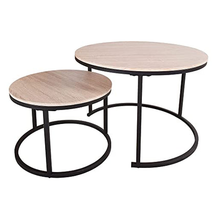 HOMERECOMMEND Round Coffee Table Set of 2 for Living Room,Natural Wood | Round Table with Solid Powder-Coated Metal Frame,round nesting coffee table set of 2 - color: Oak