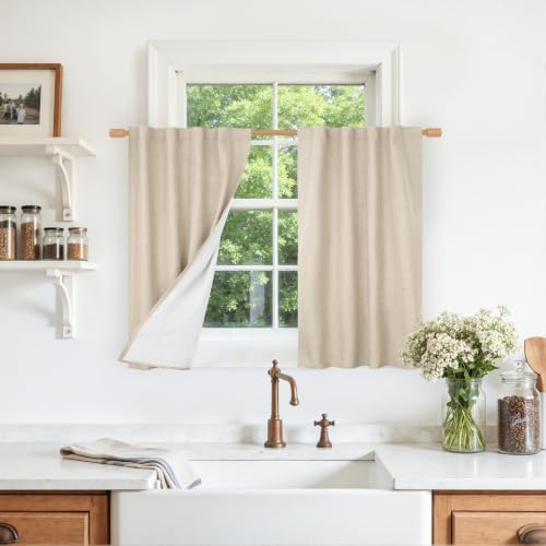 Full Blackout Linen Kitchen Window Curtains 36 Inches 2 Panels | Window Curtains for Cafe, Bathroom, Basement, Privacy Protected Drapes, White Liner, Rod Pocket Back Tab, 29 x 36 Inch, Linen - color: Linen, size: 29"W x 36"L (Pack of 2)