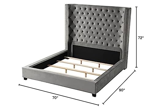 Jaclyn Upholstered Low-Profile Platform Bed Frame, Grey - Queen | Velvet Fabric, 70" Tall Straight Edge Headboard, Button Tufting, Nailhead Trim, Transitional Style - color: Grey, size: Queen (U.S. Standard)