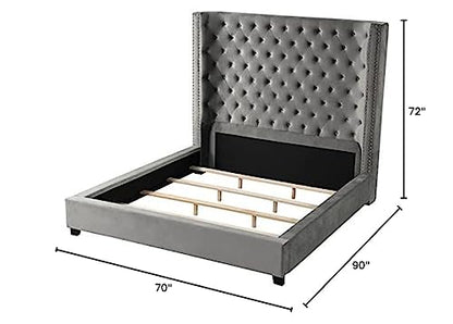Jaclyn Upholstered Low-Profile Platform Bed Frame, Grey - Queen | Velvet Fabric, 70" Tall Straight Edge Headboard, Button Tufting, Nailhead Trim, Transitional Style - color: Grey, size: Queen (U.S. Standard)