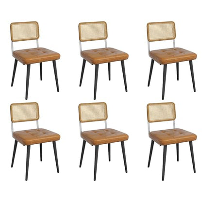 Garvee Rattan Dining Chairs Set of 6, Upholstered Dining Room Chairs with Rattan Backrest, Armless Side Chairs for Kitchen Living Room, Restaurant, PU Leather, Brown | Upholstered Kitchen Chairs with Rattan Backrest, Armless Side Chairs for Kitchen, Livin