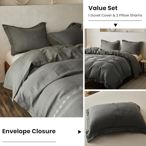 Simple&Opulence 100% Linen Duvet Cover Set with Crossed Embroidery Washed - 3 Pieces (1 Duvet Cover with 2 Pillow Shams) Soft Breathable Farmhouse - Cushing Green, Queen Size - color: Crossed-cushing Green, size: Queen