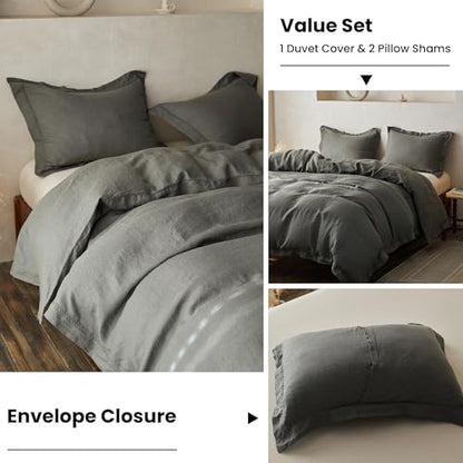 Simple&Opulence 100% Linen Duvet Cover Set with Crossed Embroidery Washed - 3 Pieces (1 Duvet Cover with 2 Pillow Shams) Soft Breathable Farmhouse - Cushing Green, Queen Size - color: Crossed-cushing Green, size: Queen