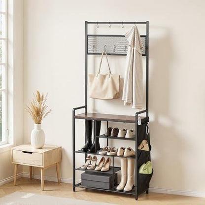 VEVOR Hall Tree, 70.9 in Coat Rack with Shoe Storage, Freestanding 4-Tier Shoe Rack Organizer with Hooks, Side Pocket and Wire Shelf, Steel Frame Entrance Coat Holder for Entryway, Bedroom, Closet - size: High Shoe Rack