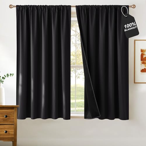 NICETOWN Black Out Curtains 54 inch Long, Rod Pocket 100% Blackout Curtains Thermal Drapes Solid Window Treatments for Bedroom, W52 x L54, 2 Panels - color: Black, size: 52"W x 54"L (Pack of 2)
