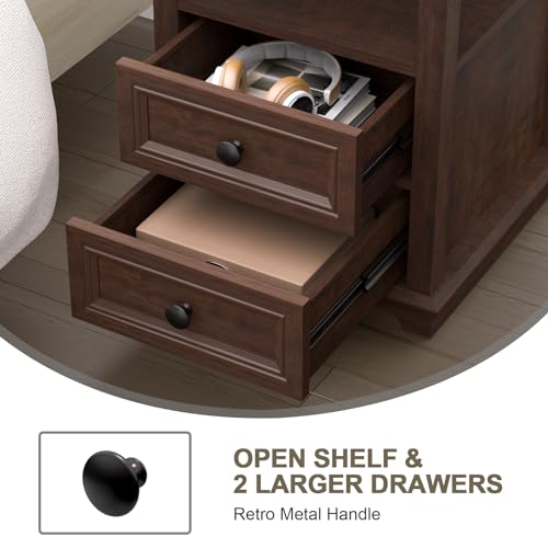 24" Tall End Table with Charging Station & 2 Drawers | Double 18W Fast Charge, Large 18" Bedside Table, Open Shelf, Living Room, Bedroom, Home Office - color: Cherry, size: 1 Piece