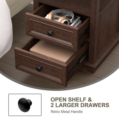 24" Tall End Table with Charging Station & 2 Drawers | Double 18W Fast Charge, Large 18" Bedside Table, Open Shelf, Living Room, Bedroom, Home Office - color: Cherry, size: 1 Piece