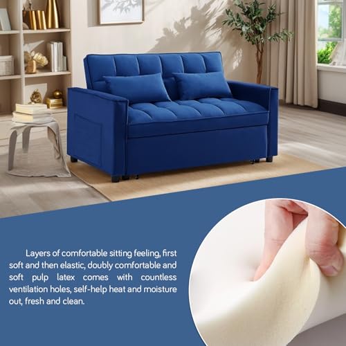 3 In 1 Velvet Convertible Sofa Bed, Pull Out Couch Bed with Reclining Backrest And 2 Pillows, 54" Full Size Loveseat Sleeper Sofa Futon Couch Beds, Couches For Small Spaces, Living Room (Dark Blue) - color: Dark Blue